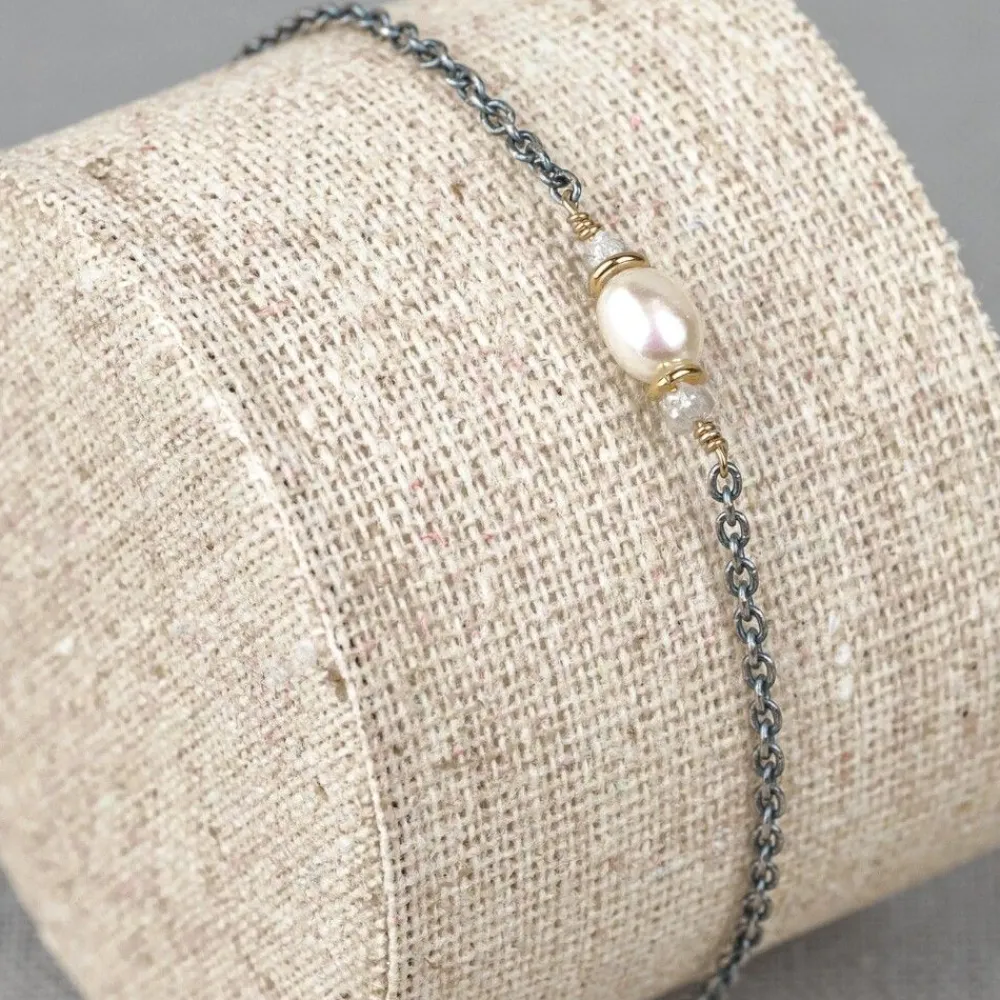 Jéh Jewels Touch Of Gold | Edelsteine-Armband aus Silberoxyd + vergoldete Perle + Rohdiamant