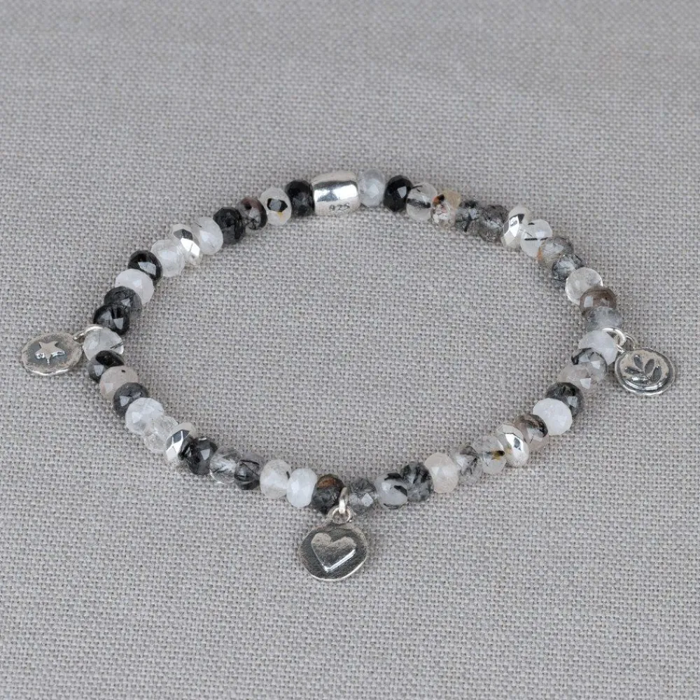 Jéh Jewels Silver | Edelsteine-Armband Silber + Schwarzer Rutil mit Anhängern