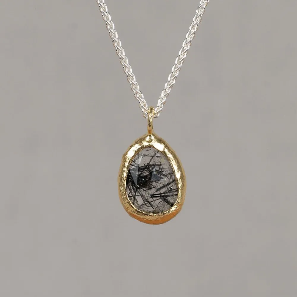 Jéh Jewels Touch Of Gold | Edelsteine-Halskette aus Silber + großer Tropfen vergoldet + schwarzer Rutil