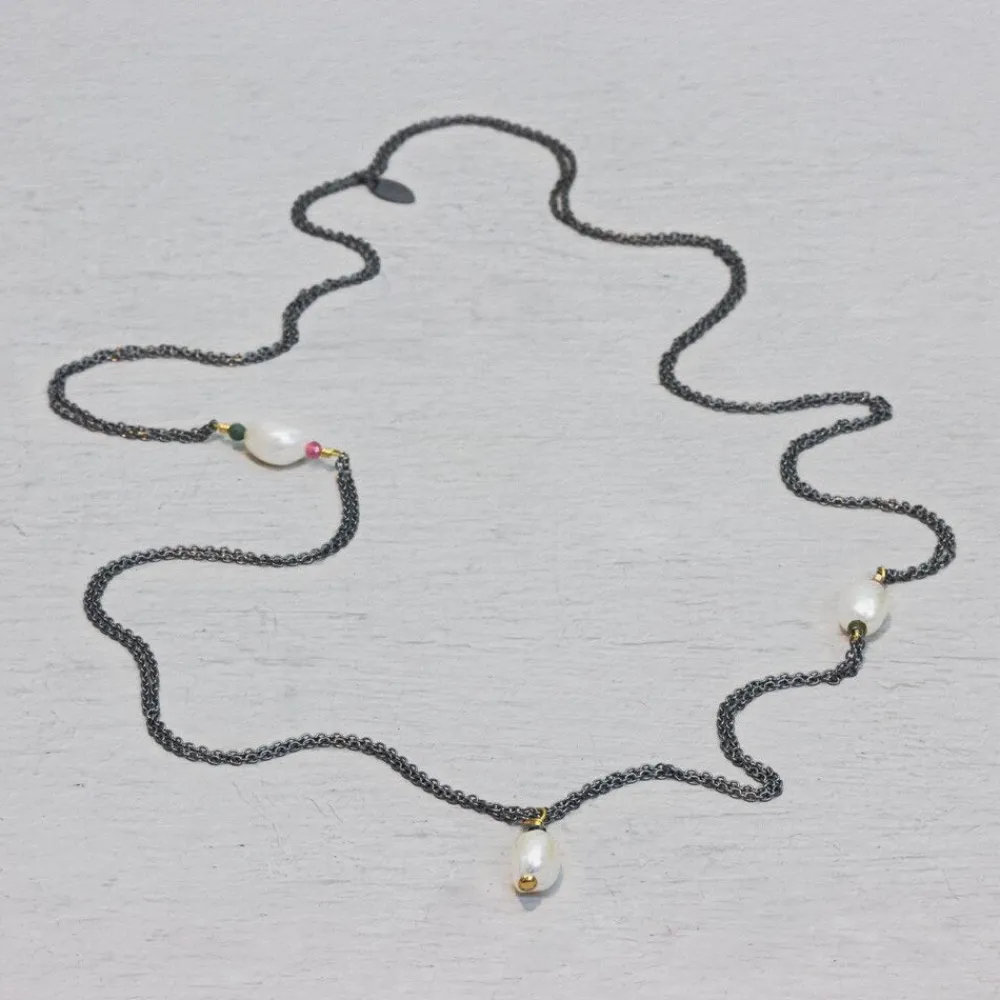 Jéh Jewels Touch Of Gold | Pearls-Halskette Silber Oxy 80 cm + Perle und Turmalin