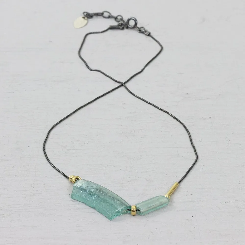 Jéh Jewels Touch Of Gold | Fine Line-Halskette Silber Oxy + Römisches Glas mit Goldfilled