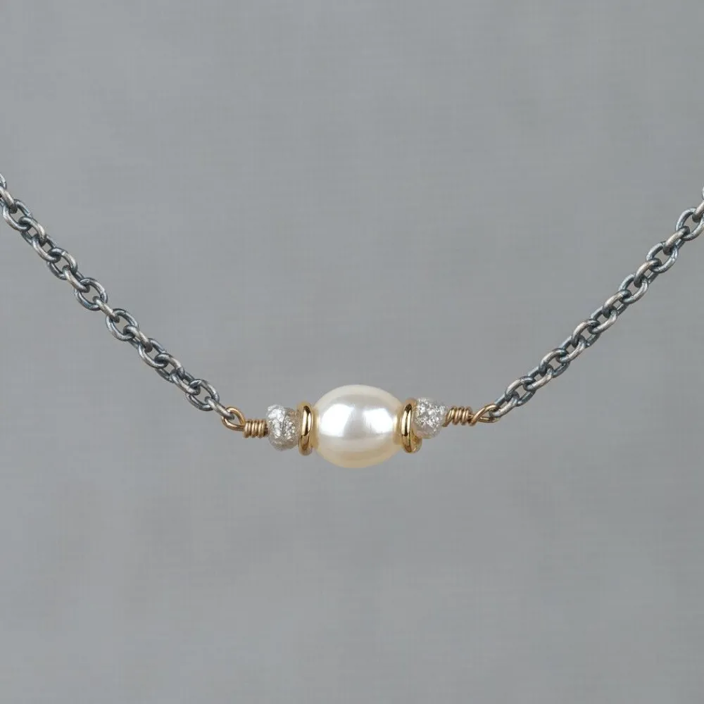 Jéh Jewels Touch Of Gold | Pearls-Halskette Silber Oxy + vergoldet + Perle + Rohdiamant