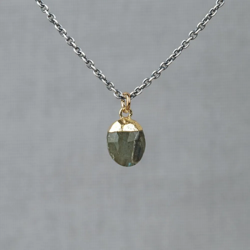 Jéh Jewels Edelsteine | Touch Of Gold-Halskette Silber Oxy + vergoldeter Labradorit + Rohdiamant