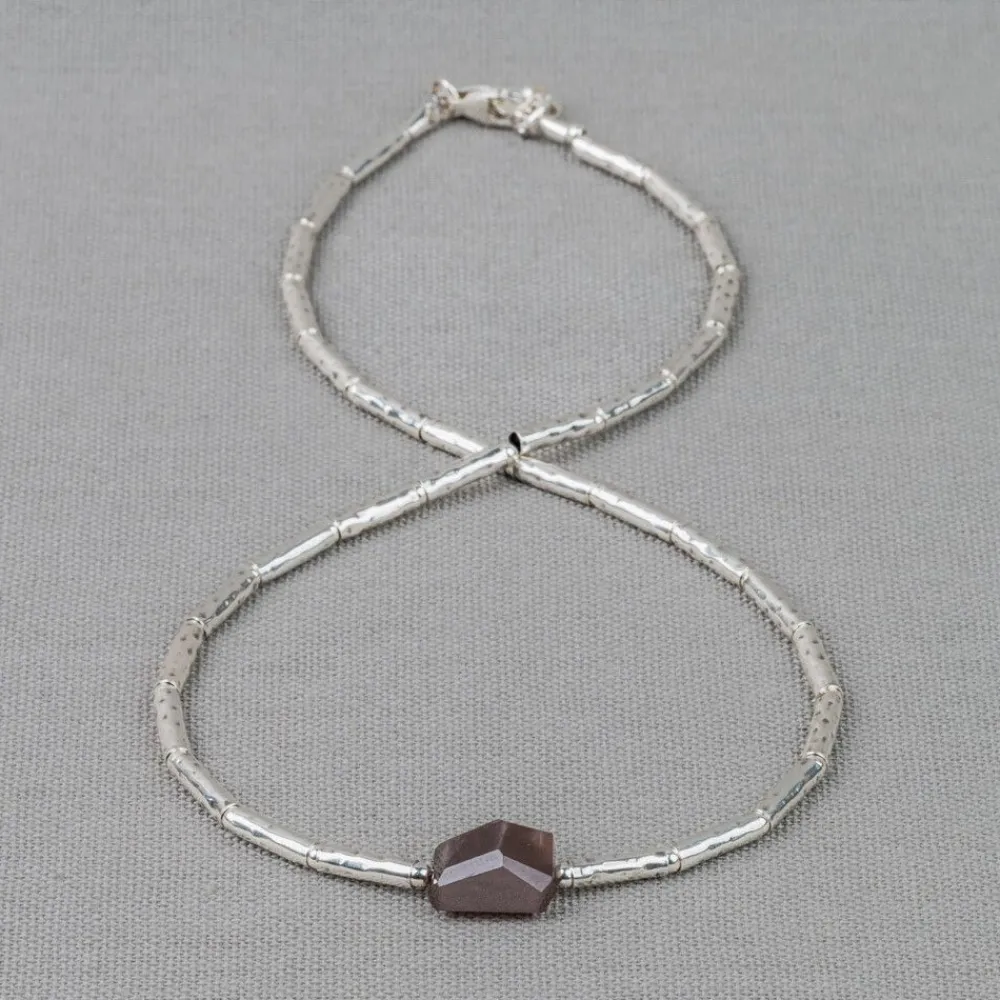 Jéh Jewels Tubes | Silver-Halskettenröhren aus glattem Silber + brauner Mondstein