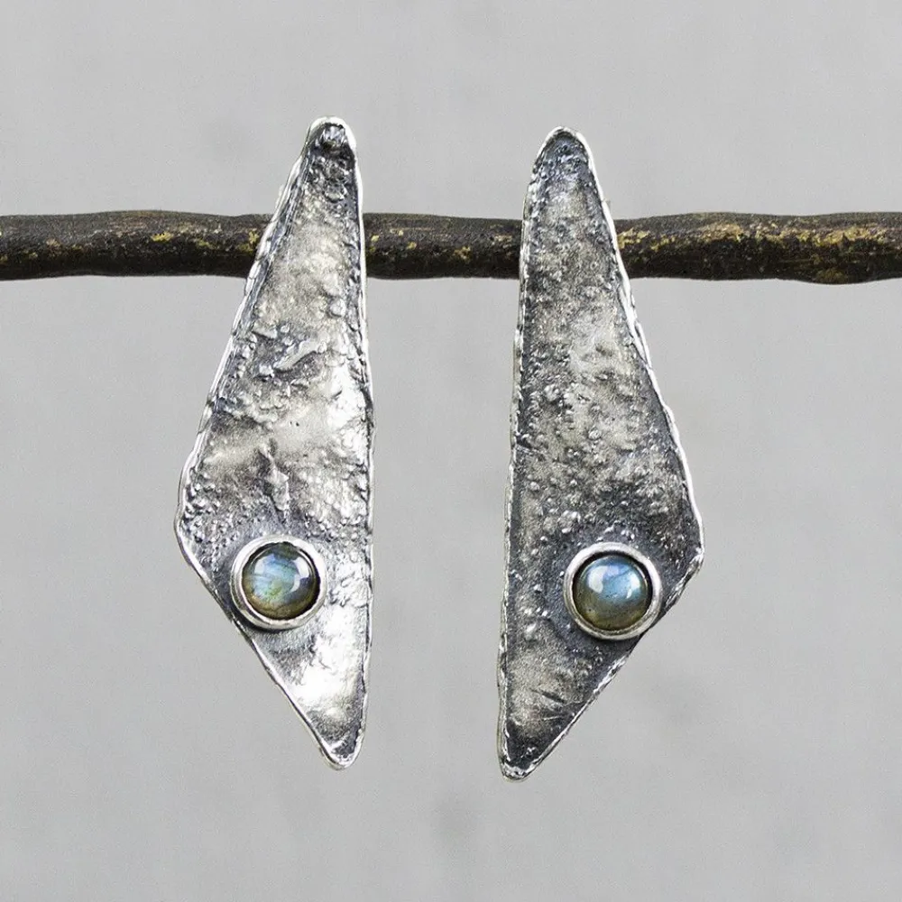 Jéh Jewels Silver | Lang Ohrstecker-Lang Ohrstecker Dreieck Silber Oxy + Labradorit