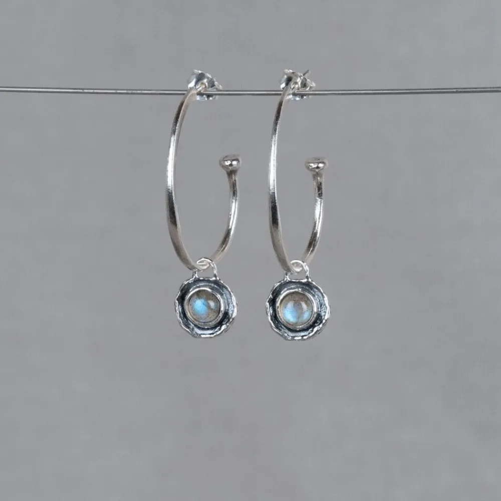 Jéh Jewels Silver | Creool-Ohrbügel lang aus Silber + Labradorit-Anhänger