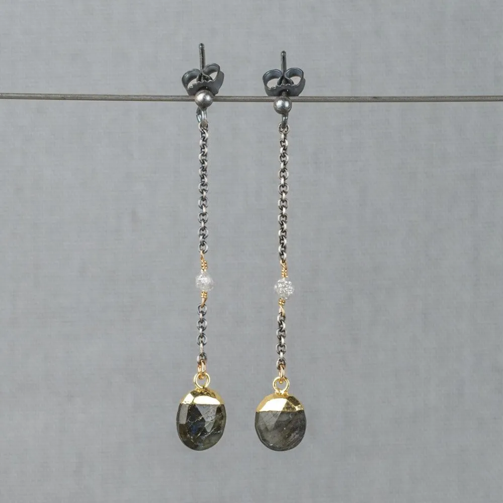Jéh Jewels Touch Of Gold | Edelsteine-Ohrring Silber Oxy + vergoldeter Labradorit + Rohdiamant