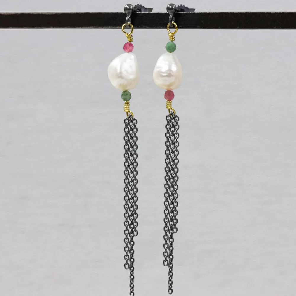 Jéh Jewels Touch Of Gold | Lang Ohrstecker-Ohrringe Silber Oxy Perle und Turmalin