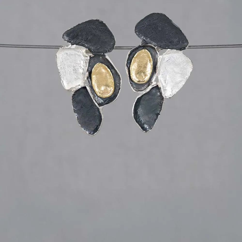 Jéh Jewels Touch Of Gold | Lang Ohrstecker-Ohrstecker aus Silber, Oxy, vergoldeter Blumenstrauß